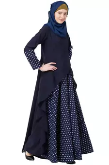 Polka Dotted Asymmetrical Dress Abaya- Navy Blue