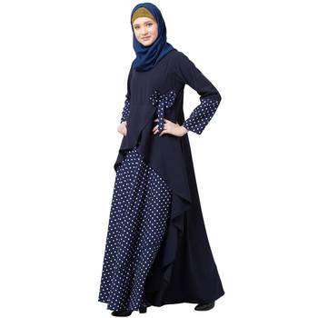 Polka Dotted Asymmetrical Dress Abaya- Navy Blue 3