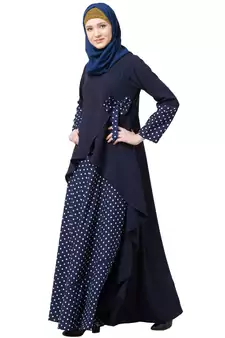 Polka Dotted Asymmetrical Dress Abaya- Navy Blue