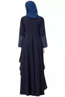 Polka Dotted Asymmetrical Dress Abaya- Navy Blue