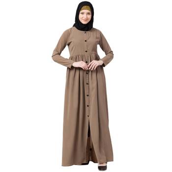 Front Open Abaya With Pintucks- Beige 1
