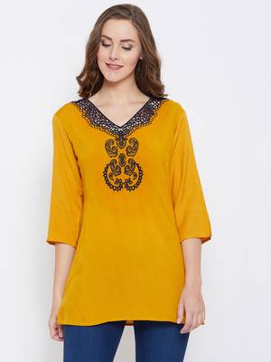 Women Mustard Color Emrboidered Rayon Top 1