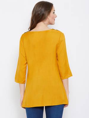 Women Mustard Color Emrboidered Rayon Top 2
