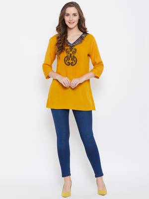 Women Mustard Color Emrboidered Rayon Top 3