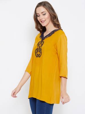 Women Mustard Color Emrboidered Rayon Top 4