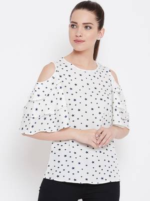 Women White Color Star Printed Crepe Top 1