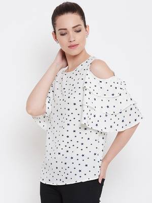 Women White Color Star Printed Crepe Top 4