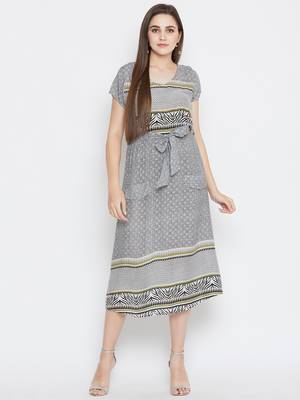 Women Grey Color Geometric Printed Tie up Waist Rayon Dress 1