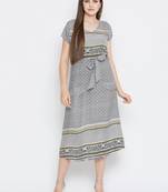 Women Grey Color Geometric Printed Tie up Waist Rayon Dress