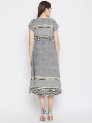 Women Grey Color Geometric Printed Tie up Waist Rayon Dress 2