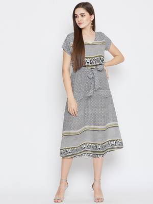 Women Grey Color Geometric Printed Tie up Waist Rayon Dress 3
