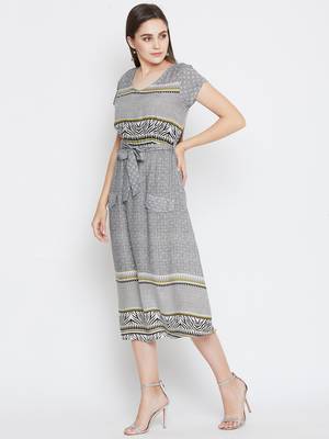 Women Grey Color Geometric Printed Tie up Waist Rayon Dress 4
