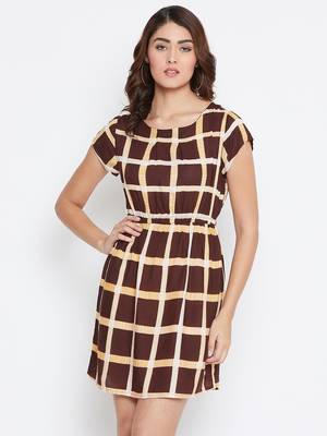 Women Brown Color Check Printed Knee Length Rayon Dress 1