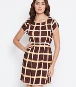 Women Brown Color Check Printed Knee Length Rayon Dress