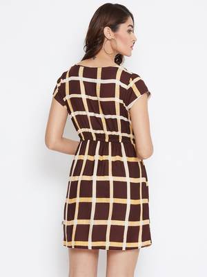 Women Brown Color Check Printed Knee Length Rayon Dress 2