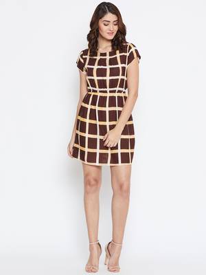 Women Brown Color Check Printed Knee Length Rayon Dress 3