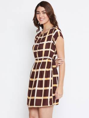 Women Brown Color Check Printed Knee Length Rayon Dress 4