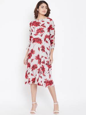 Women White and Red Color Floral Printed Georgette With Cotton Lining Knee Length Dress 1