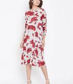 Women White and Red Color Floral Printed Georgette With Cotton Lining Knee Length Dress