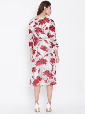 Women White and Red Color Floral Printed Georgette With Cotton Lining Knee Length Dress 2