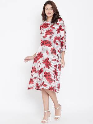Women White and Red Color Floral Printed Georgette With Cotton Lining Knee Length Dress 3