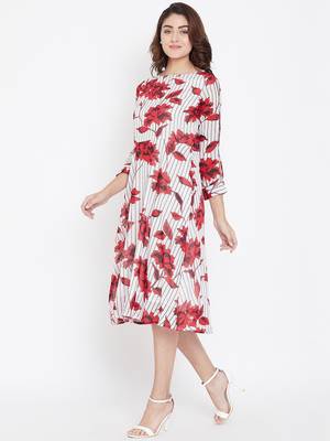 Women White and Red Color Floral Printed Georgette With Cotton Lining Knee Length Dress 4