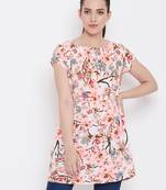 Women Cream Color Floral Printed Knee Length Crepe Dress