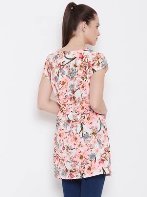 Women Cream Color Floral Printed Knee Length Crepe Dress 2