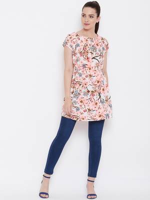 Women Cream Color Floral Printed Knee Length Crepe Dress 3