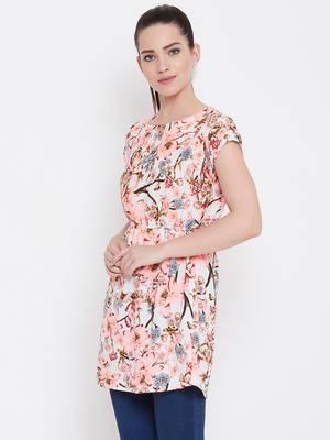 Women Cream Color Floral Printed Knee Length Crepe Dress 4