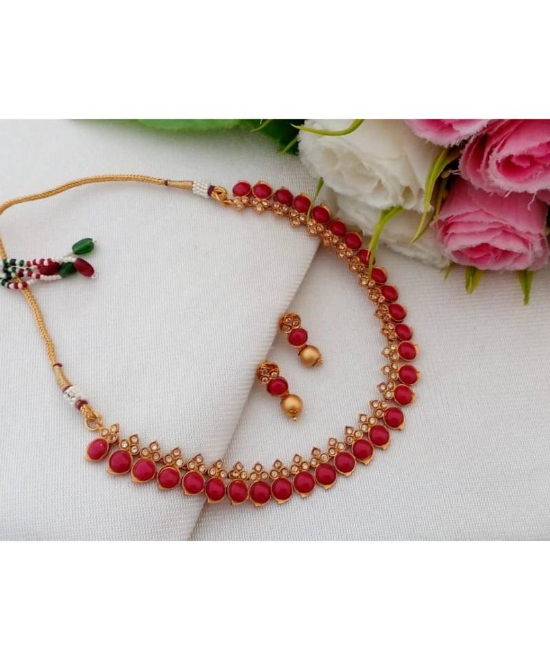 Cute Matt Gold Finish Mango Design Necklace made from Coral & AD Stones