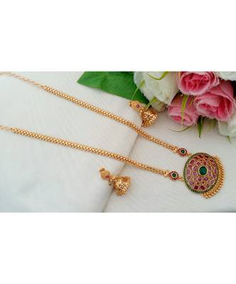 Lovely Gold Tone Chain with Ruby Emerald Stone Pendant and Matching Jhumkas 1