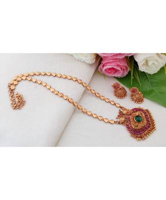 Eye Catching Gheru Polish Necklace with Kemp Stone Peacock Pendant and Matching Jhumkas 1