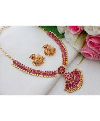 Gorgeous Gold Tone Necklace made out from Ruby Stones with Matching Jhumkas 1