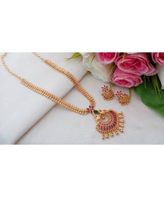 Trendy Gold Tone Necklace with Peacock Pendant made out from Ruby Emerald Stones and Matching Jhumkas 1