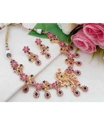 Exquisite Gold Tone Peacock Necklace made out from Ruby & Sapphire (AD) Stones with Matching Ear Rings 1