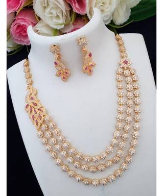 Gorgeous American Diamond 3 Layer Peacock Mop Neckset with Matching Ear Rings 1