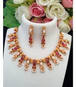 Cute Matt Gold Finish Gutta Pusalu Necklace Embellished by Kemp Stones with Matching Ear Rings