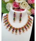 Cute Matt Gold Finish Gutta Pusalu Necklace Embellished by Kemp Stones with Matching Ear Rings