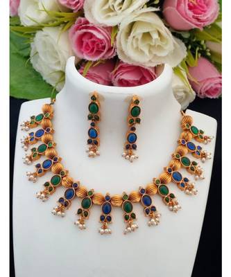 Cute Matt Gold Finish Gutta Pusalu Necklace Embellished by Kemp Stones with Matching Ear Rings 1