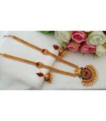 Traditional Antique Gold Finish Long Haar with Kemp Stone Lakshmi Pendant and Matching Jhumkas