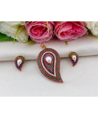 Mezmerising Designer Navratan Stone (AD, Coral & Pearl) Mango Pendant with Matching Ear Rings 1