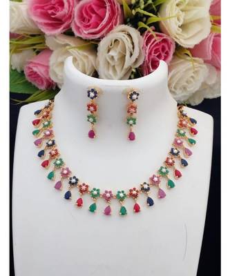 Mezmerising Designer Navratan Stone (AD, Coral & Pearl) Necklace with Matching Ear Rings 1