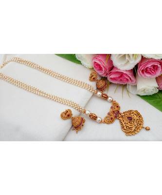 Cute Pearl Cluster Long Haar with Matt Gold Finish Pendant made out from Ruby Stones and Matching Jhumkas 1