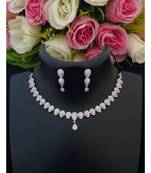 Delicate Party Wear Platinum Finish American Diamond Necklace with Matching Ear Rings