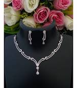 Delicate Party Wear Platinum Finish American Diamond Necklace with Matching Ear Rings
