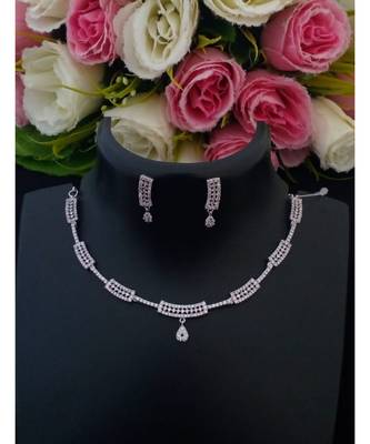 Delicate Party Wear Platinum Finish American Diamond Necklace with Matching Ear Rings 1