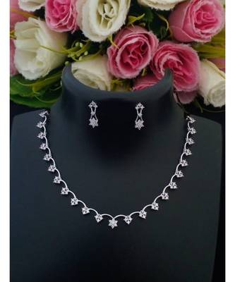 Delicate Party Wear Platinum Finish American Diamond Necklace with Matching Ear Rings 1