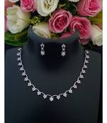 Delicate Party Wear Platinum Finish American Diamond Necklace with Matching Ear Rings