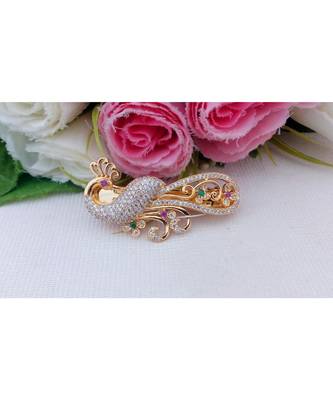 Mezmerising Designer Peacock Hair Clip Embellished by CZ, Ruby & Emerald Stones 1